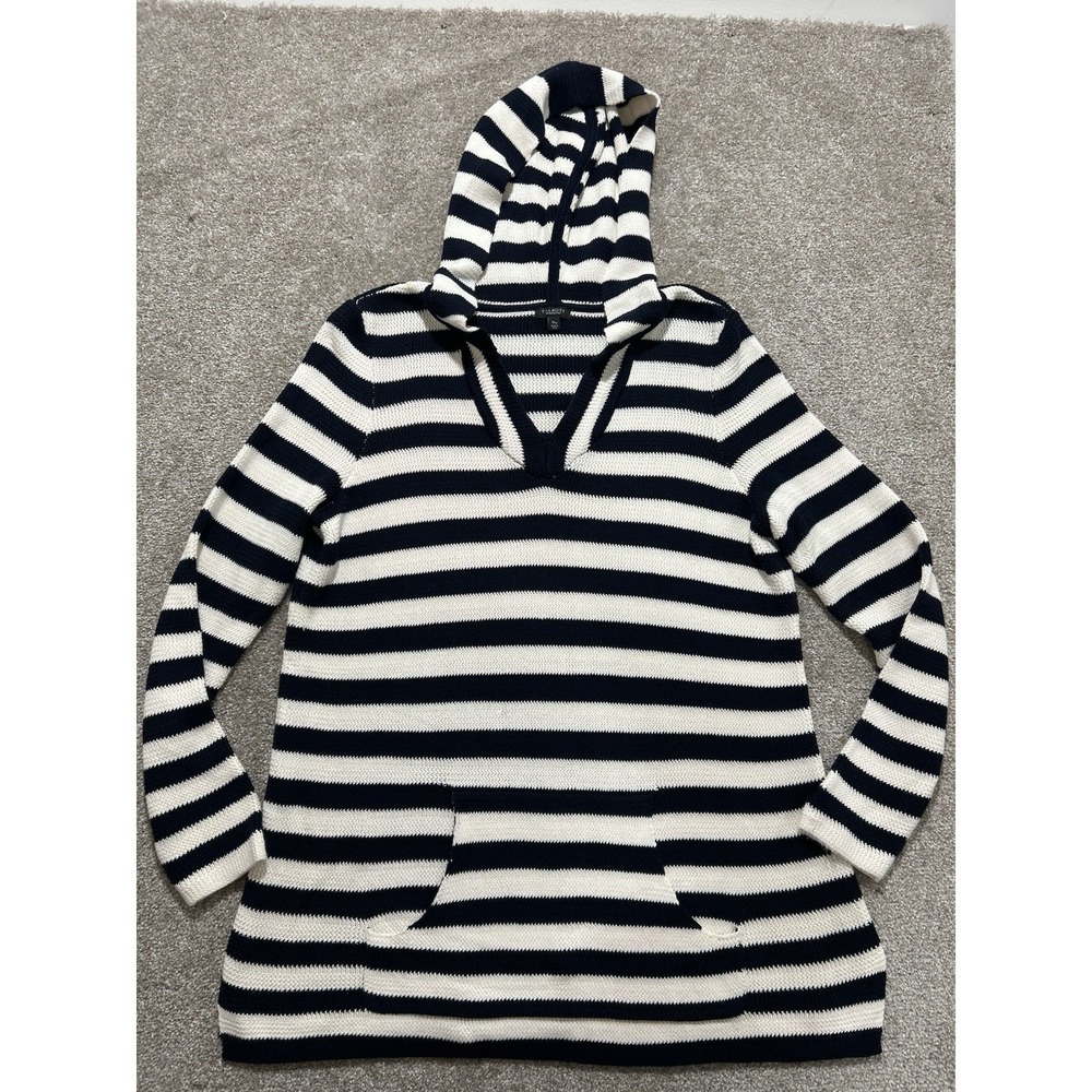 Talbots Women's1x Petite Navy &‎ Ivory striped Cotton Knit Hooded Sweater
